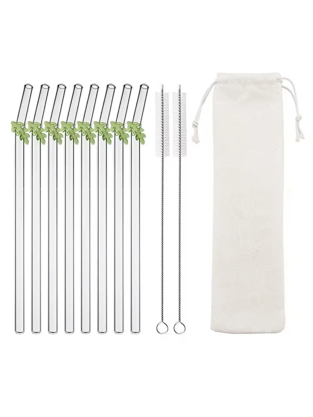 8 Glass Palm Tree Reusable Straws + 2 Cleaning Brushes & Storage Bag